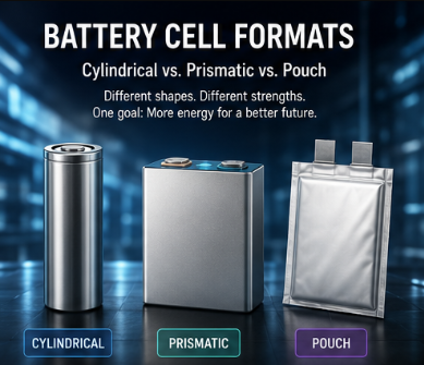 Battery cell formats including cylindrical, prismatic, and pouch cells