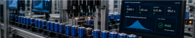 Automated battery inspection line performing electrical and visual quality control