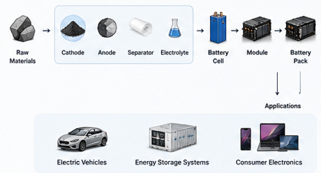 Lithium-ion battery manufacturing flow from raw materials to electric vehicle applications.