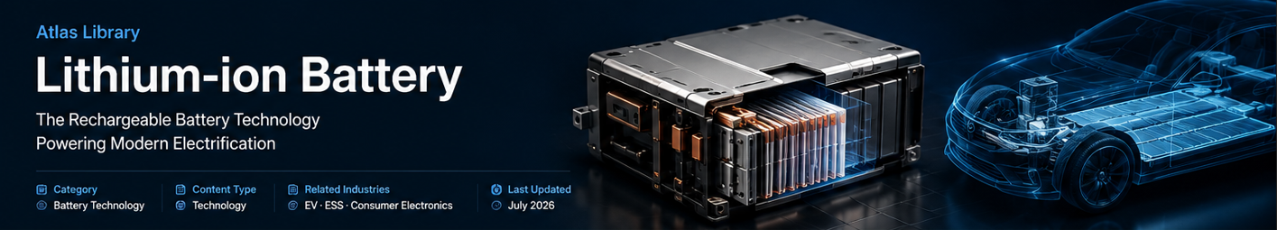 Lithium-ion battery technology illustration showing an EV battery pack and electric vehicle.