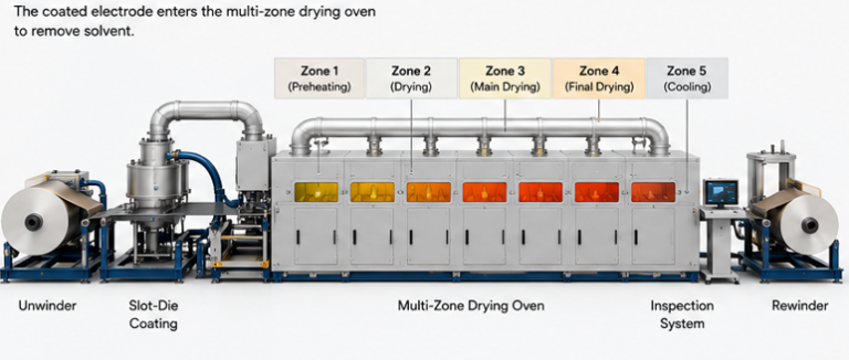 Key battery drying parameters including temperature profile, airflow, web speed, humidity, solvent concentration, and web tension.