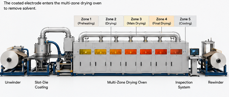 Key battery drying parameters including temperature profile, airflow, web speed, humidity, solvent concentration, and web tension.