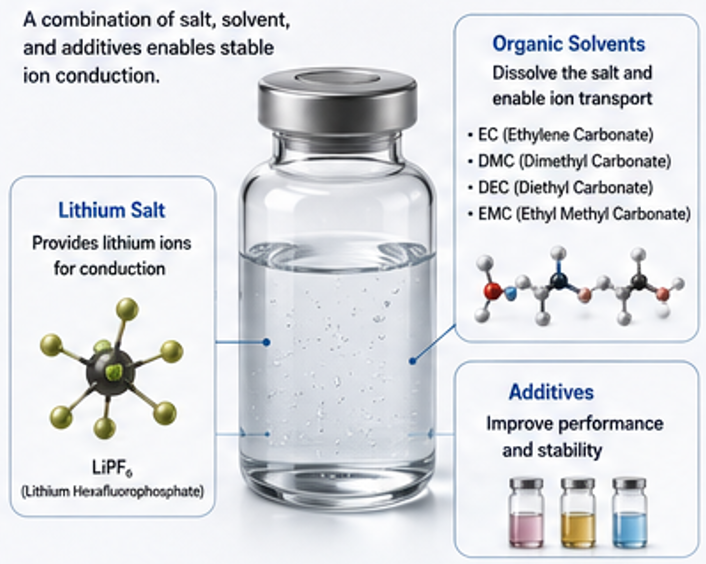 What is a Lithium-ion electrolyte made of