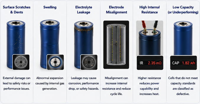 Common battery defects detected by inspection