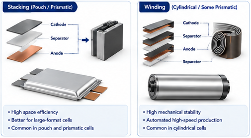 Battery manufacturing process explained_Cell assembly_Stacking vs. winding