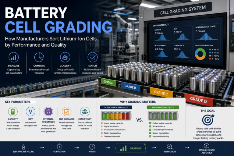 Battery cell grading process measuring and classifying lithium-ion cells by capacity, voltage, internal resistance, and performance.