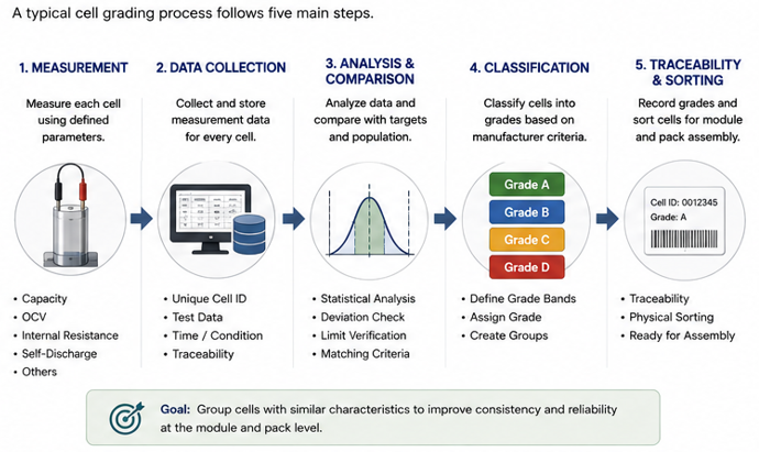 Battery cell grading workflow from measurement and data collection to analysis, classification, sorting, and traceability.