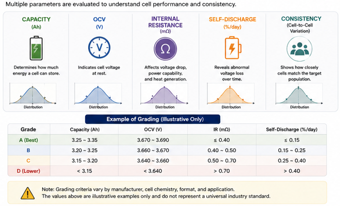 Key battery cell grading parameters including capacity, OCV, internal resistance, self-discharge, and cell-to-cell consistency.