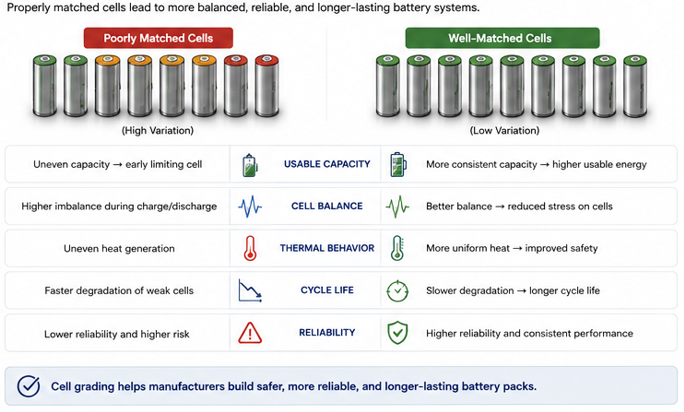 Comparison of poorly matched and well-matched lithium-ion cells showing why battery cell grading improves module and pack consistency.