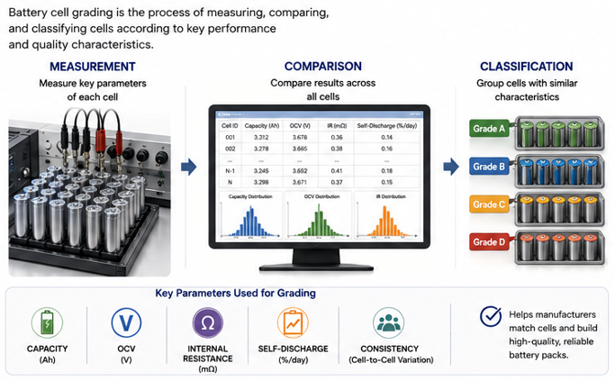 Battery cell grading process comparing capacity, OCV, internal resistance, self-discharge, and consistency before module assembly.