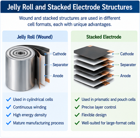 Battery Cell assembly explained_Jelly roll and stacked electrode structures