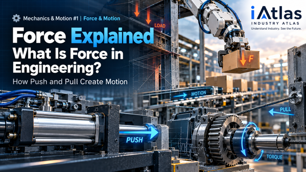 Force in engineering showing push, pull, motion, load, and torque in industrial systems