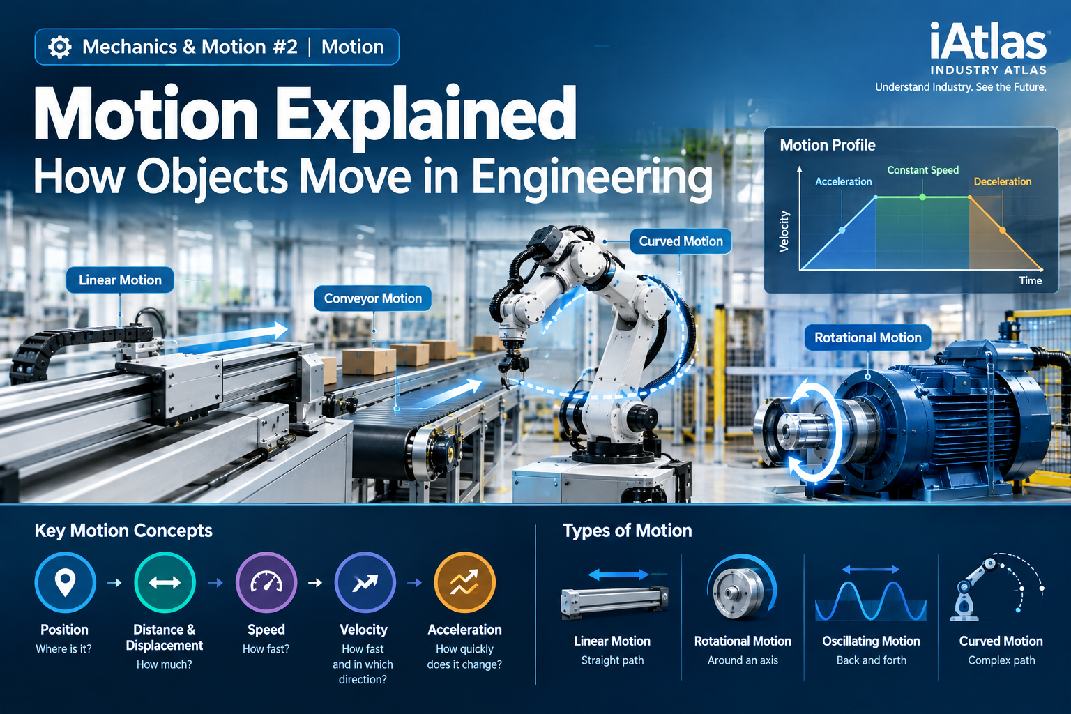 Motion in engineering showing linear, conveyor, curved, and rotational motion in industrial systems